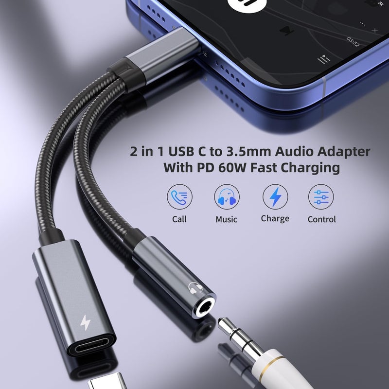 Vcddom Samsung Galaxy S25 Headphone Adapter, USB C to AUX Mic Jack with PD 60W Fast Charging for Stereo, Earphones, Compatible with Samsung Galaxy S25/S25+/S25 Ultra/S24/S24+, Google Pixel 8/7 - Image 2
